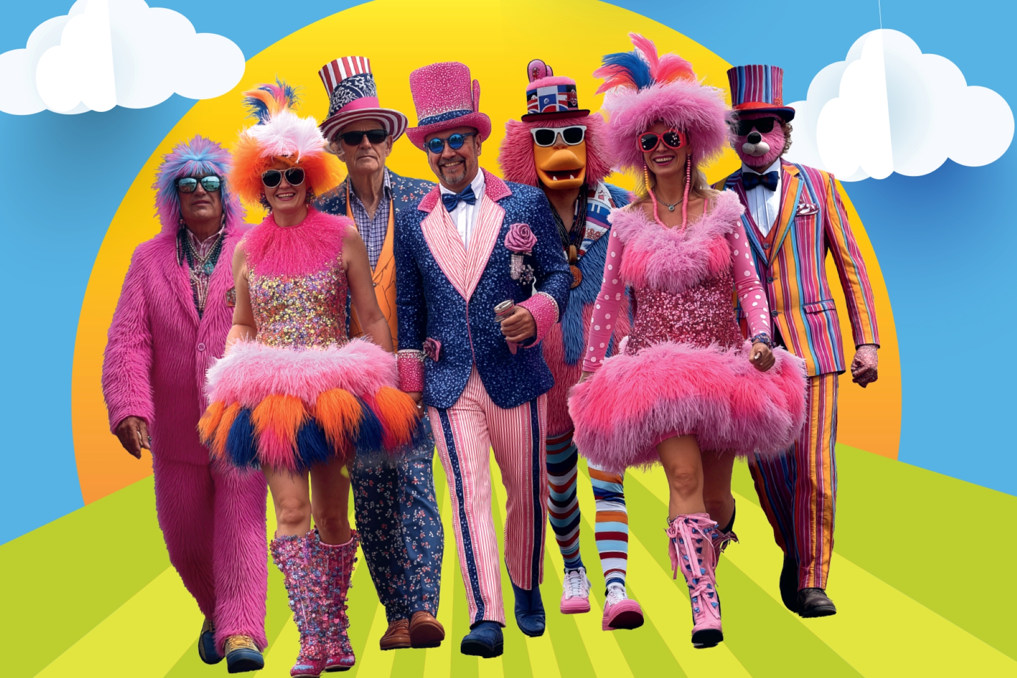 Men and women in fancy dress costumes.