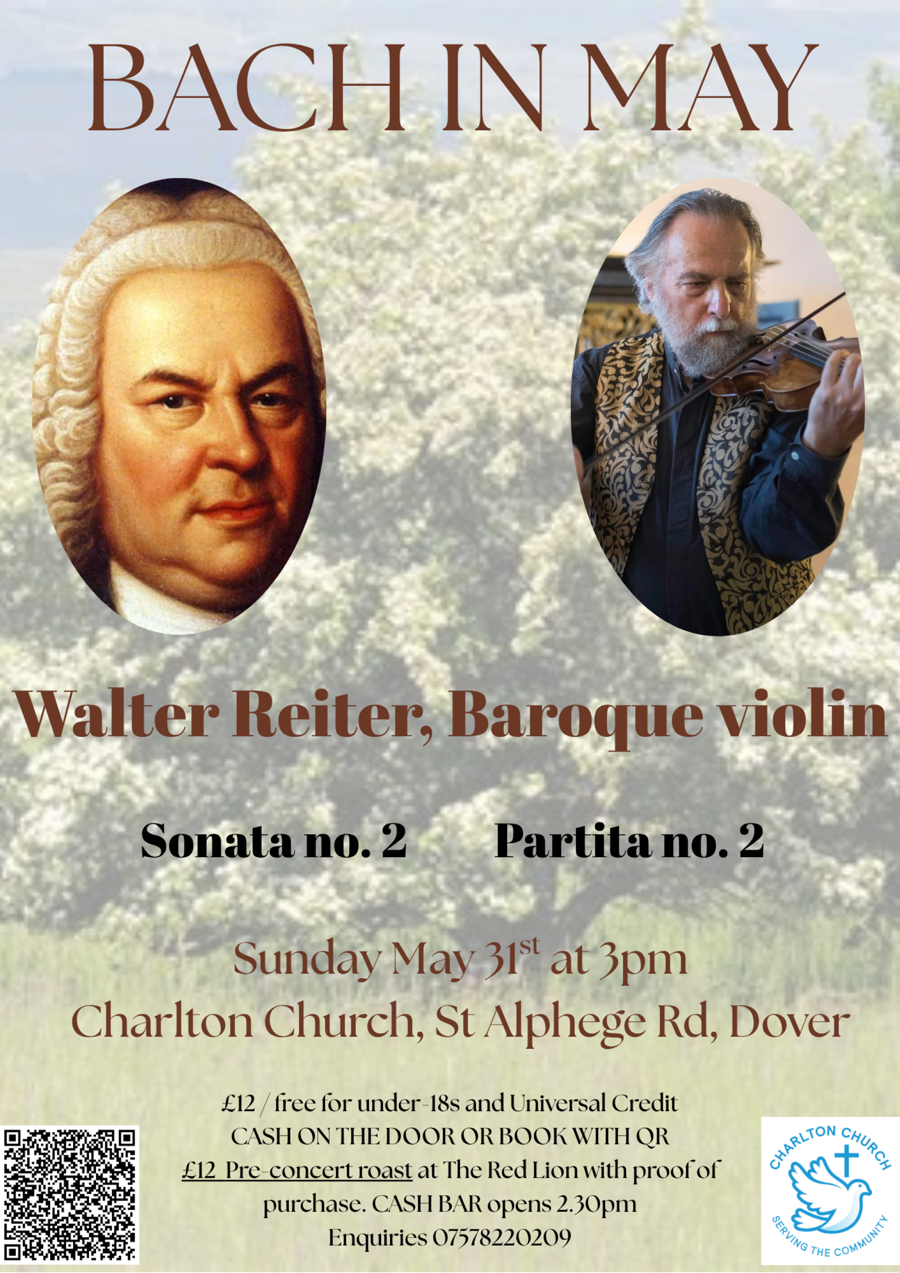 A male violinist in an oval shape with the composer Bach also in an oval shape, Bach in May.