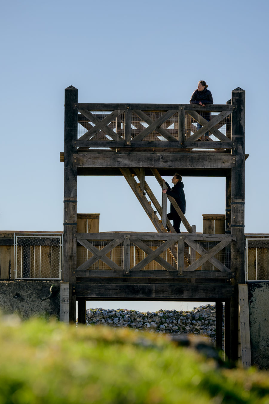 The reconstructed Roman Gateway at Richborough Roman Fort standing 8m tall