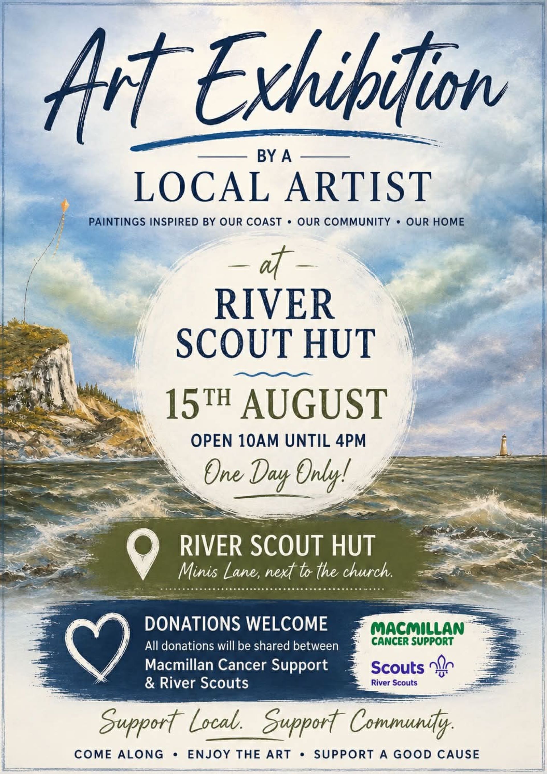 Seascape painting with event details overlaid
