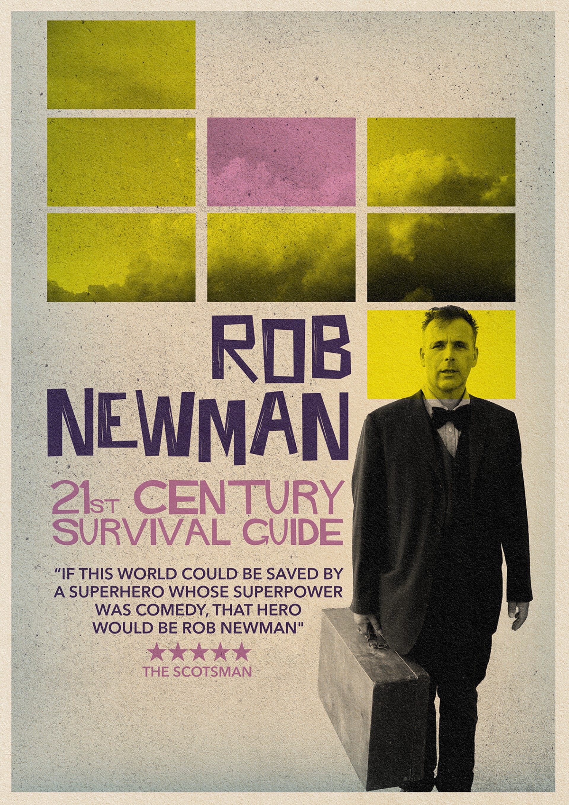 Rob Newman  carrying a battered suitcase
