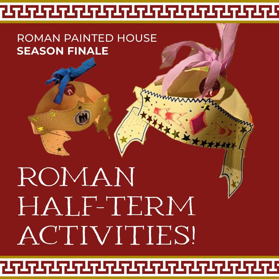 Two cardboard Roman style helmets on a deep red background