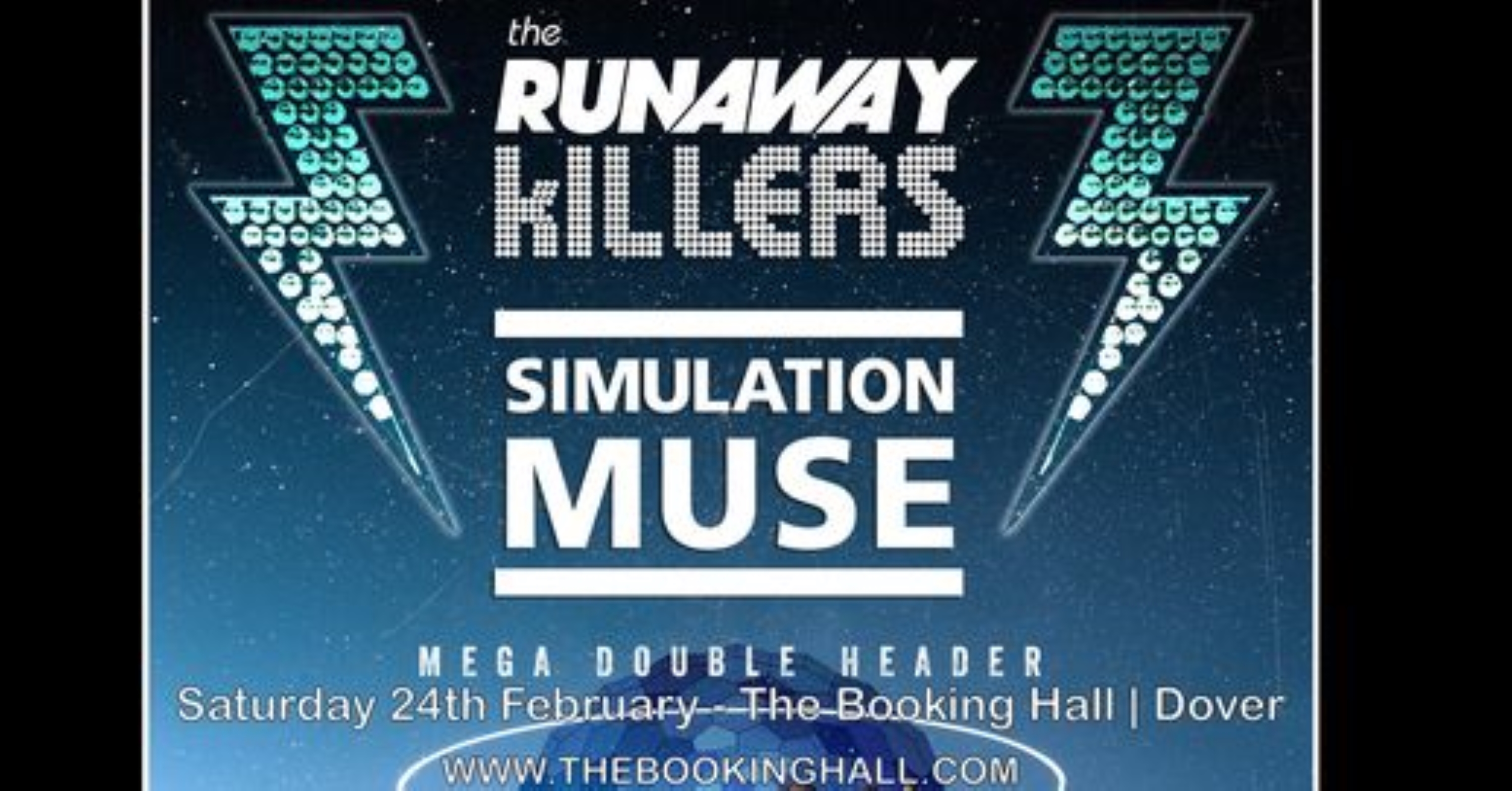The Runaway Killers & Simulation Muse written between 2 blue lightening bolts. 