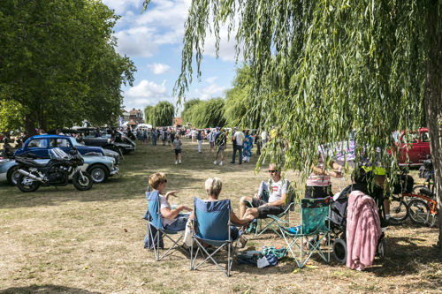 A group of people having a picnic with classic cars lined up in the background