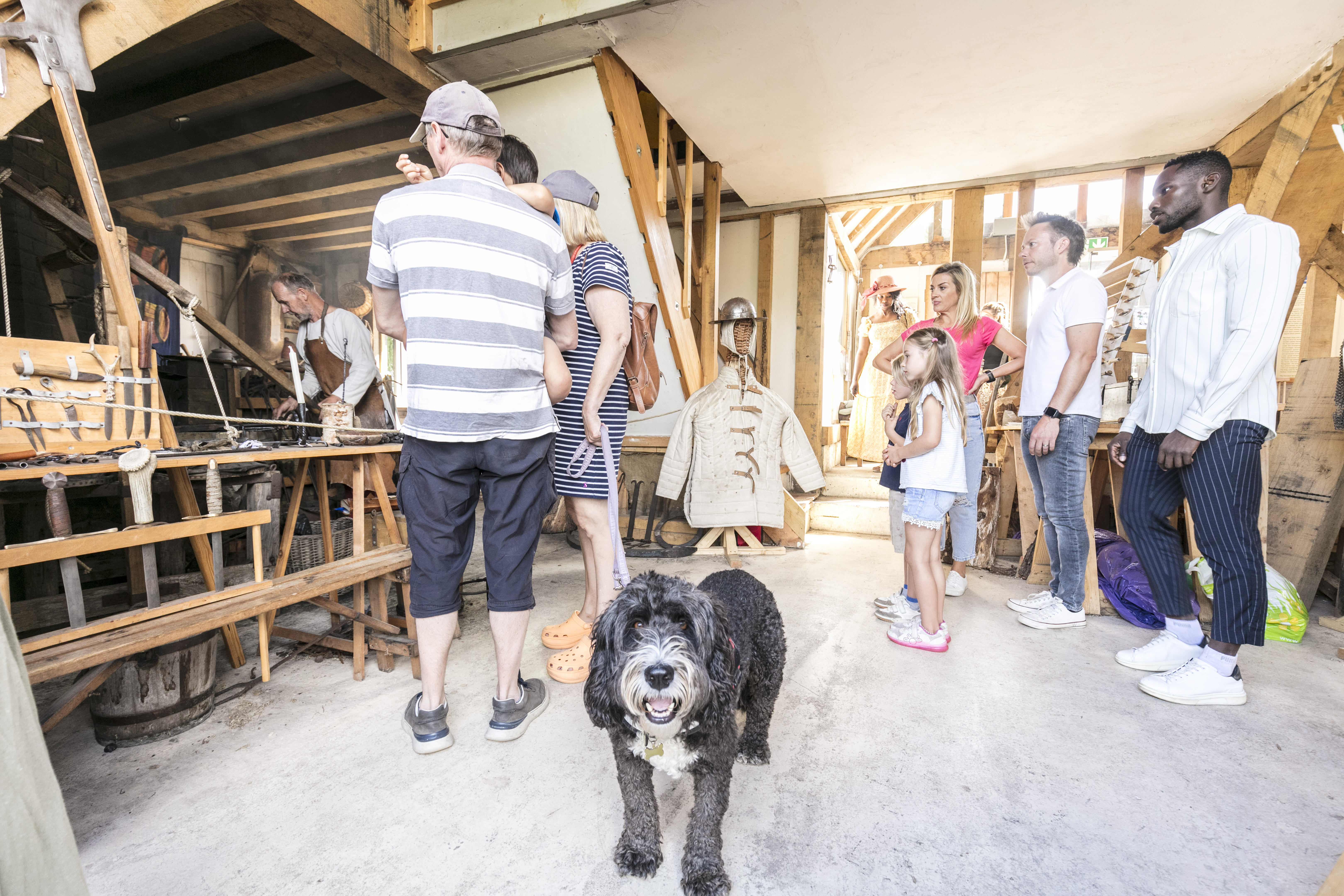 A group of people watching a blacksmith at work at Sandwich Medieval Centre with a grey and white dog in the foreground looking at the camera.