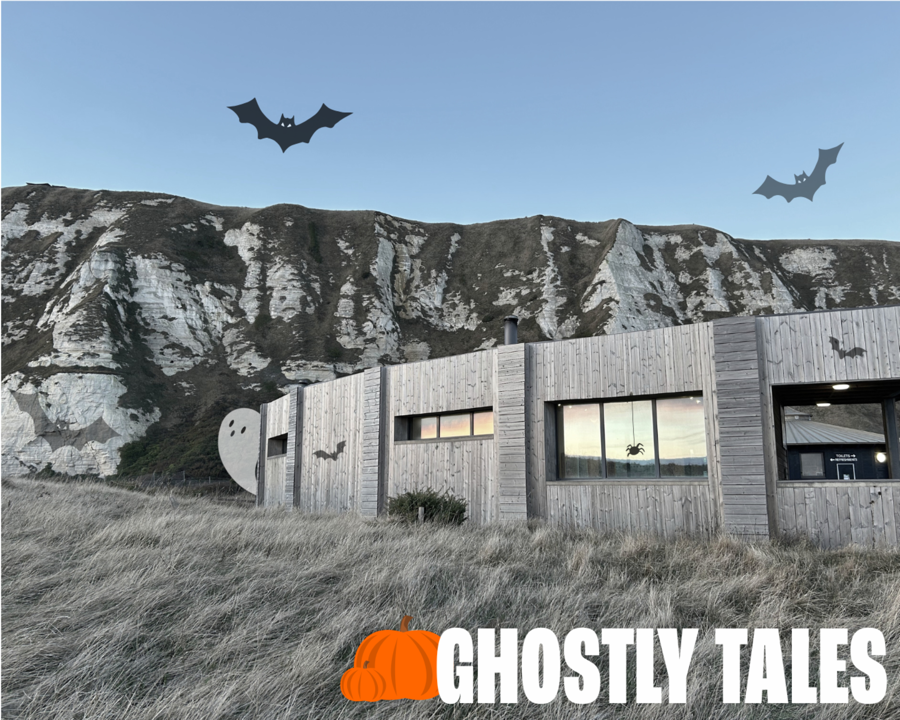 A wooden building on the grass in front of cliffs. There are a cartoon ghost & several bats.