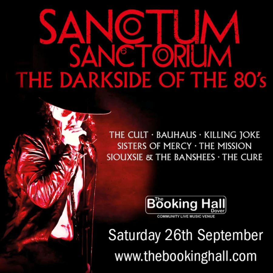 A singer high lighted in red & black with the words Sanctum Sanctorium in red.