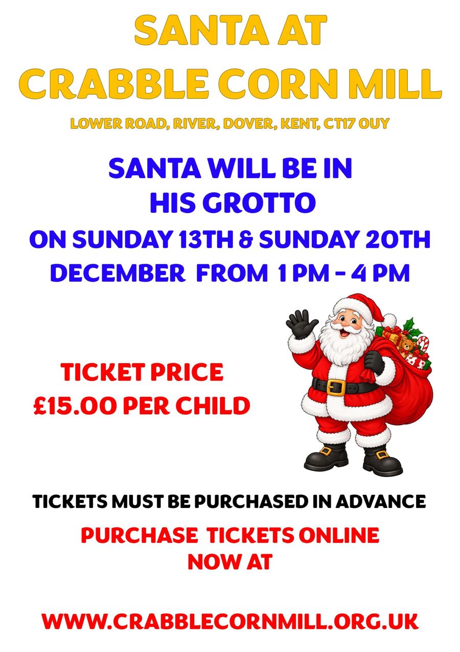 Poster of Santa holding a sackful of presents for visits at Crabble Corn Mill