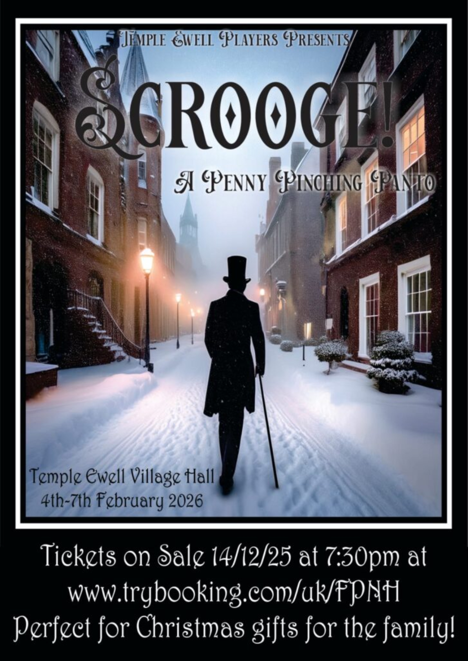 Silhouette of a man in a top hat walking up a snow covered street