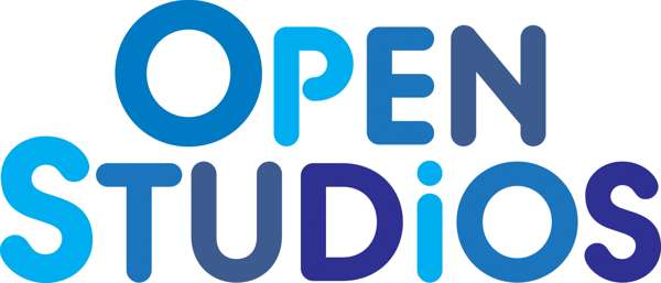 Blue lettering spelling out open studios