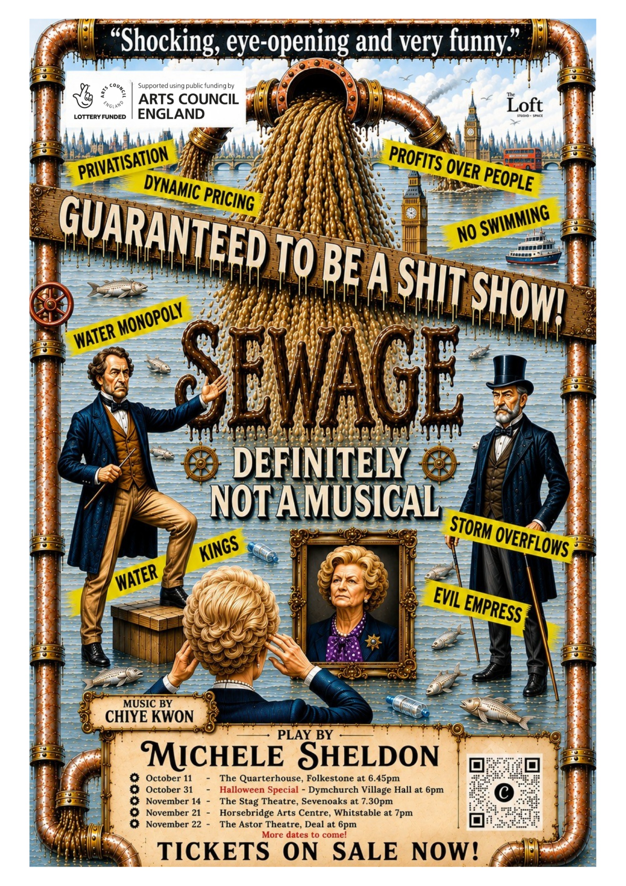 Cartoon poster of Victorian gents standing by an overflowing sewage pipe
