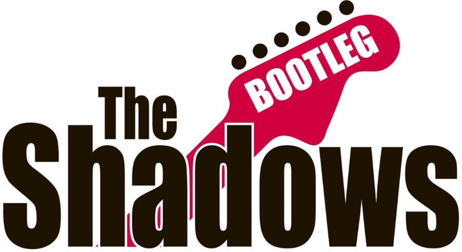 Image of advertising poster saying The Shadows on black & bootleg in white on a red guitar top