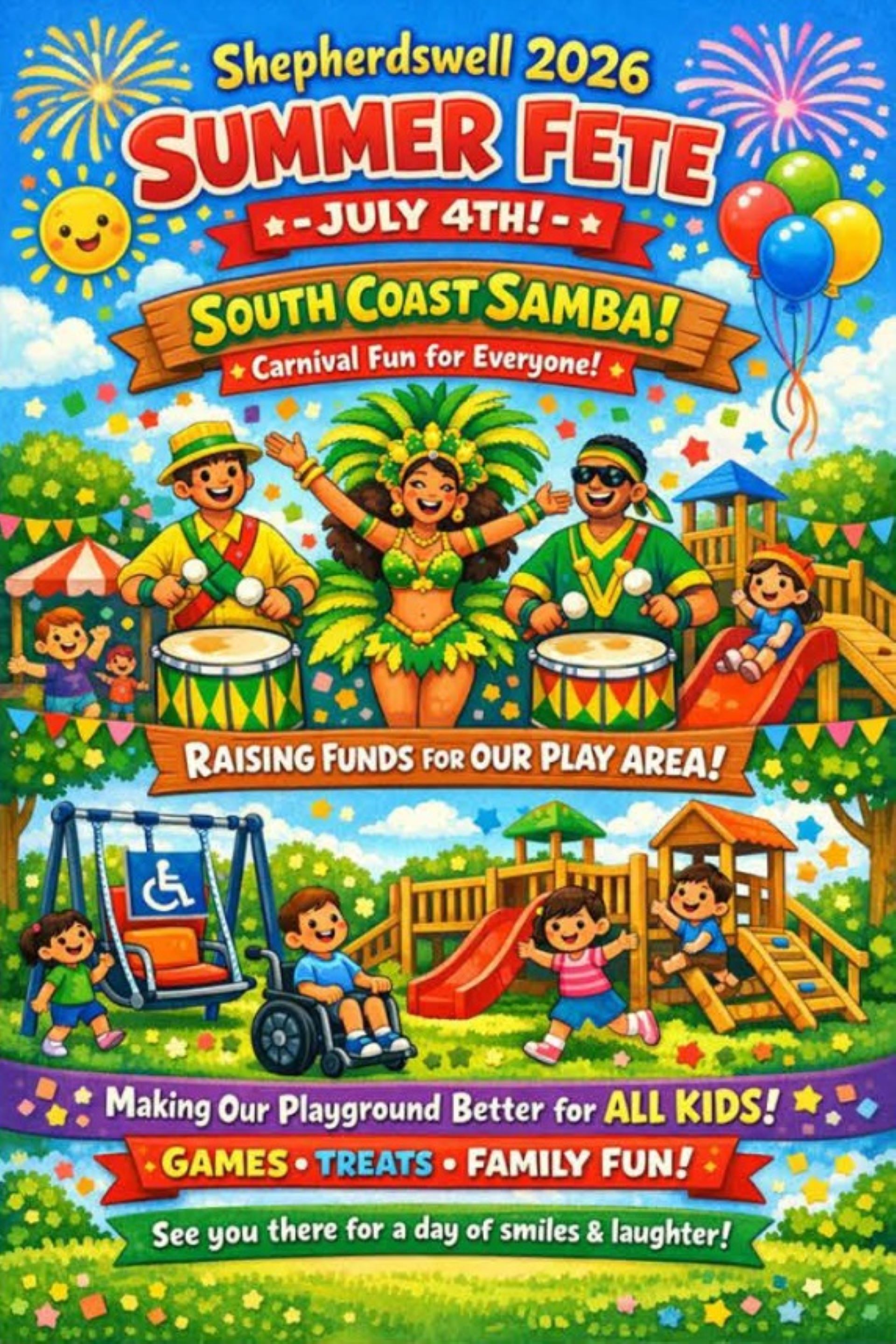 Colourful poster with a Samba dancer and drummers, children playing, balloons and fireworks