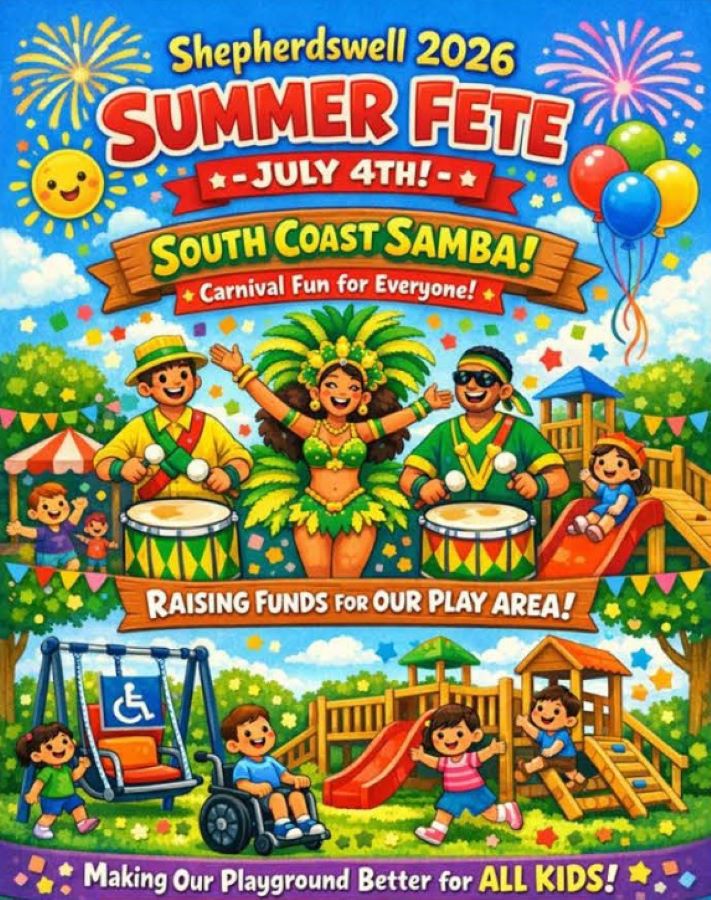 Colourful poster with a Samba dancer and drummers, children playing, balloons and fireworks
