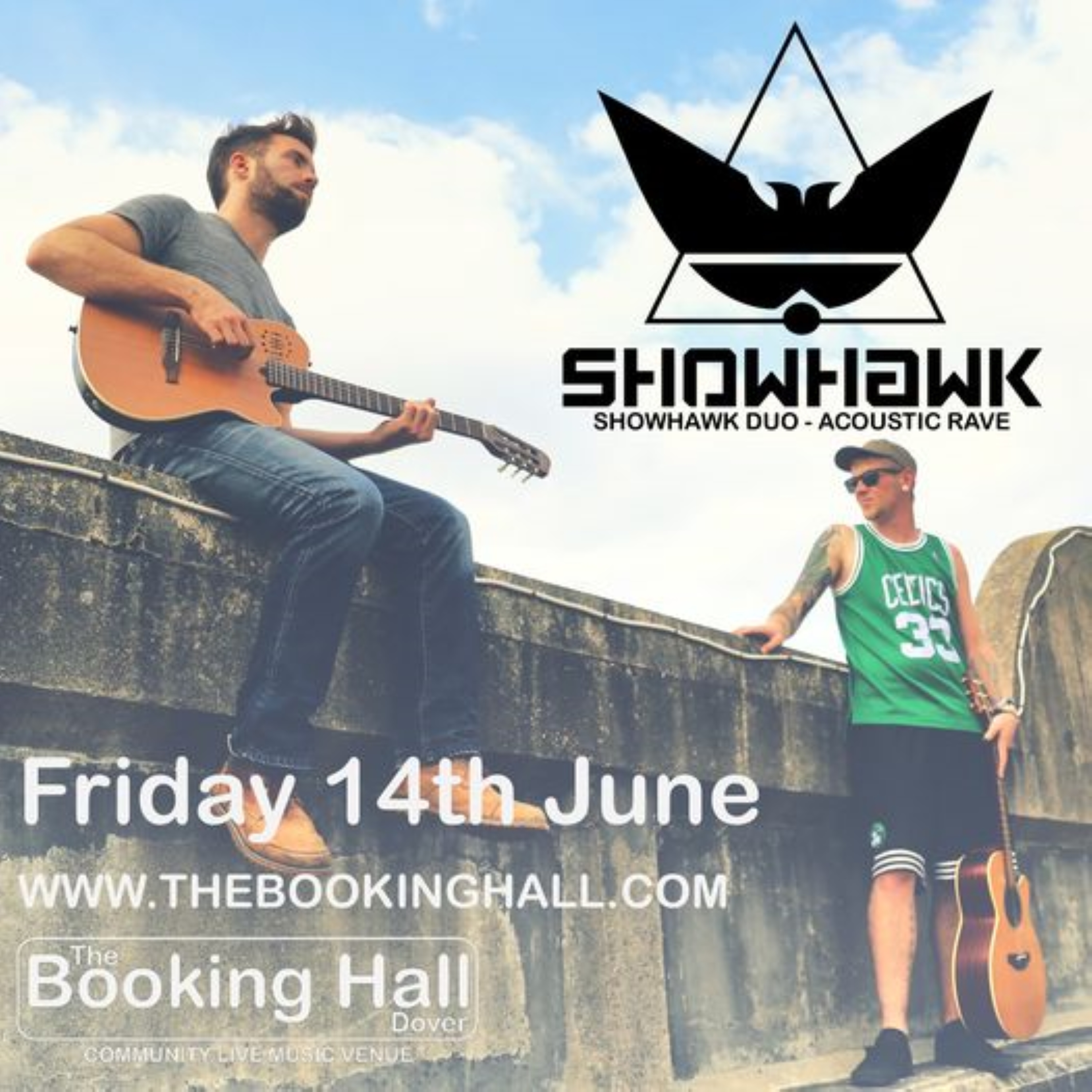 Musical Duo Showhawk with one sitting on a wall playing a guitar , the other standing.