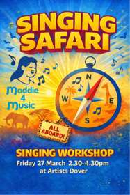 Poster with musical notes, singer, birds and compass for Singing Safari Workshop