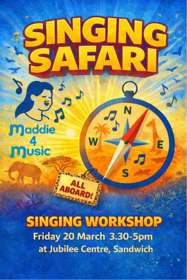 Poster with musical notes, singer, birds and compass for Singing Safari Workshop