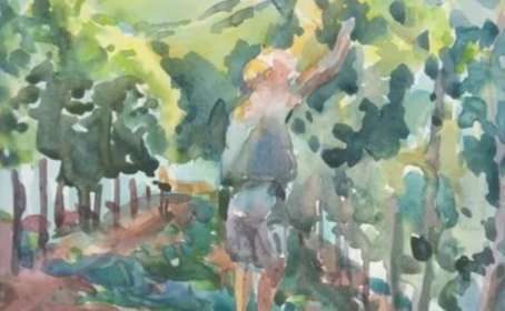 Watercolour painting of a person walking through a tree lined pathway