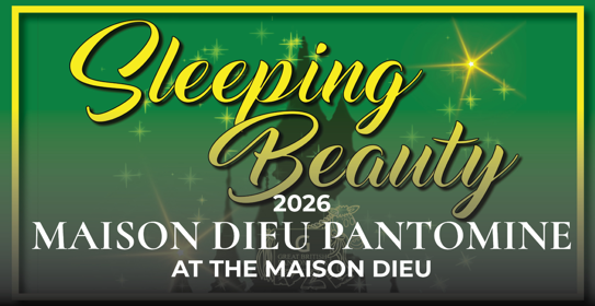Silhouette of a castle against a green background with 'Sleeping Beauty' written in gold lettering in front of it