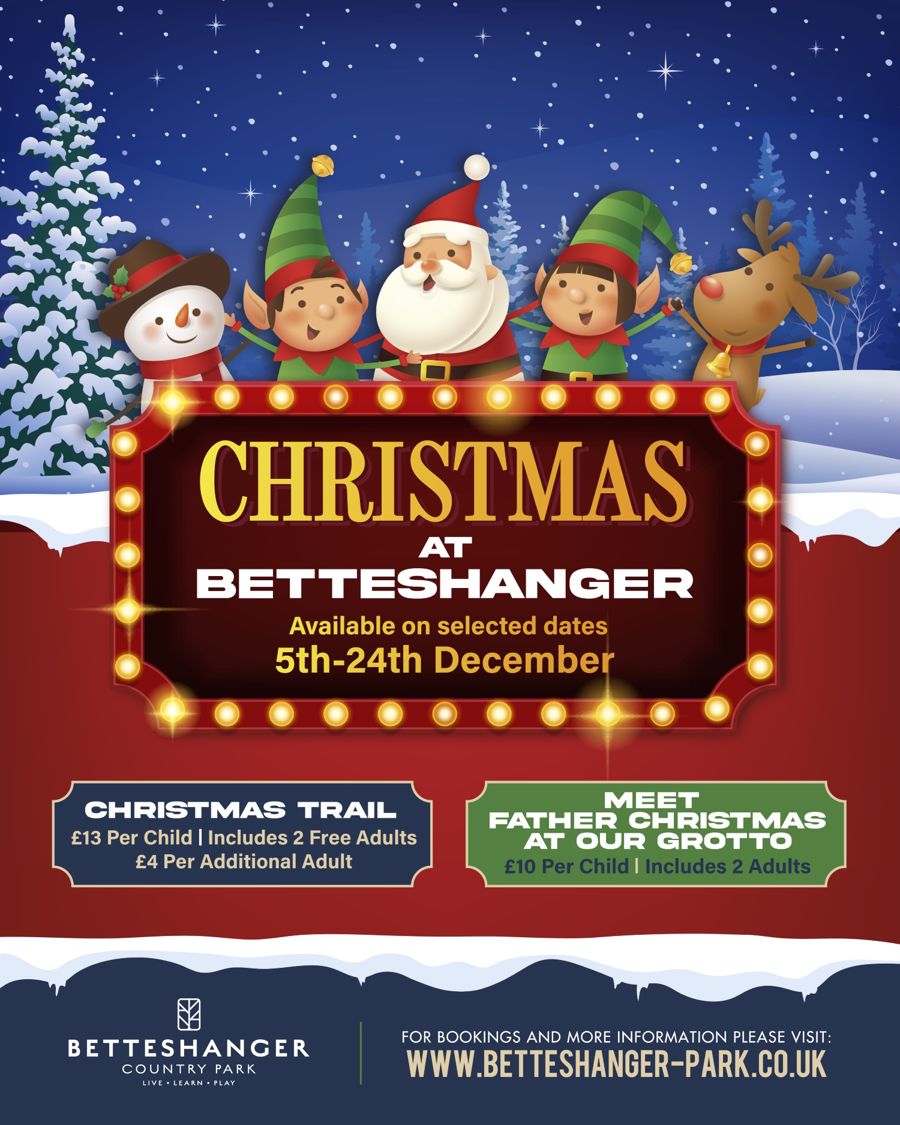Cartoon poster with Father Christmas, elves, reindeer and a snowman