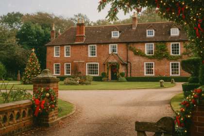 Solton Manor festooned with Christmas garlands wreaths and Christmas tree