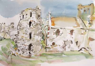 Watercolour of the Roman pharos and Saxon church and  at Dover Castle by Sophie von Hellermann