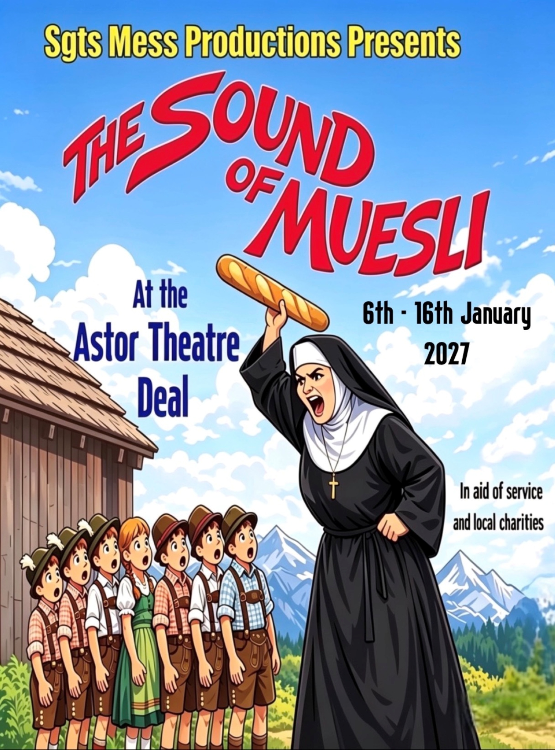 A take on The Sound of Music showing an angry nun waving a baguette at some children