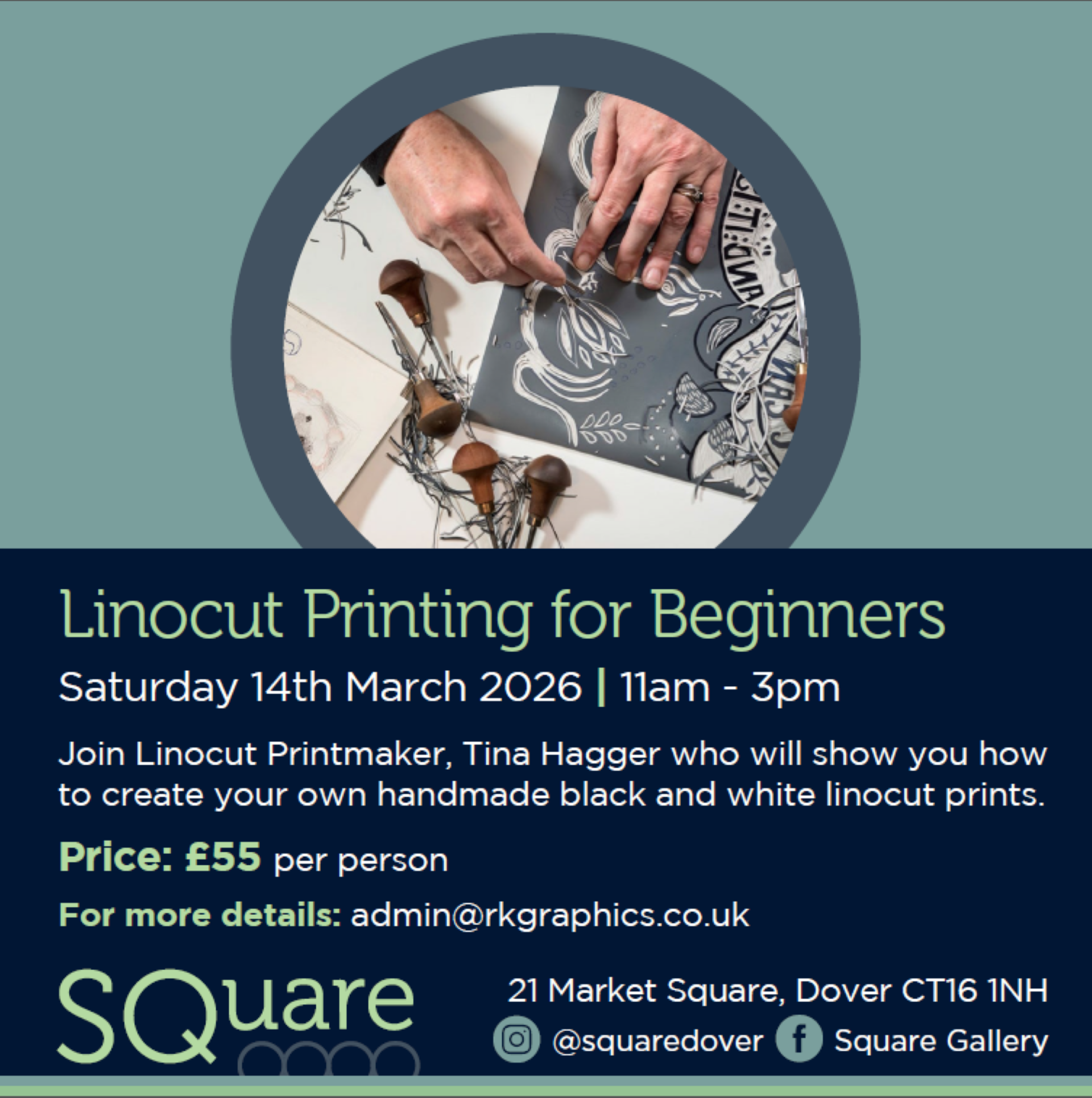 2 hands cutting out shapes from lino, advertising a workshop at SQ on 14th March 2026