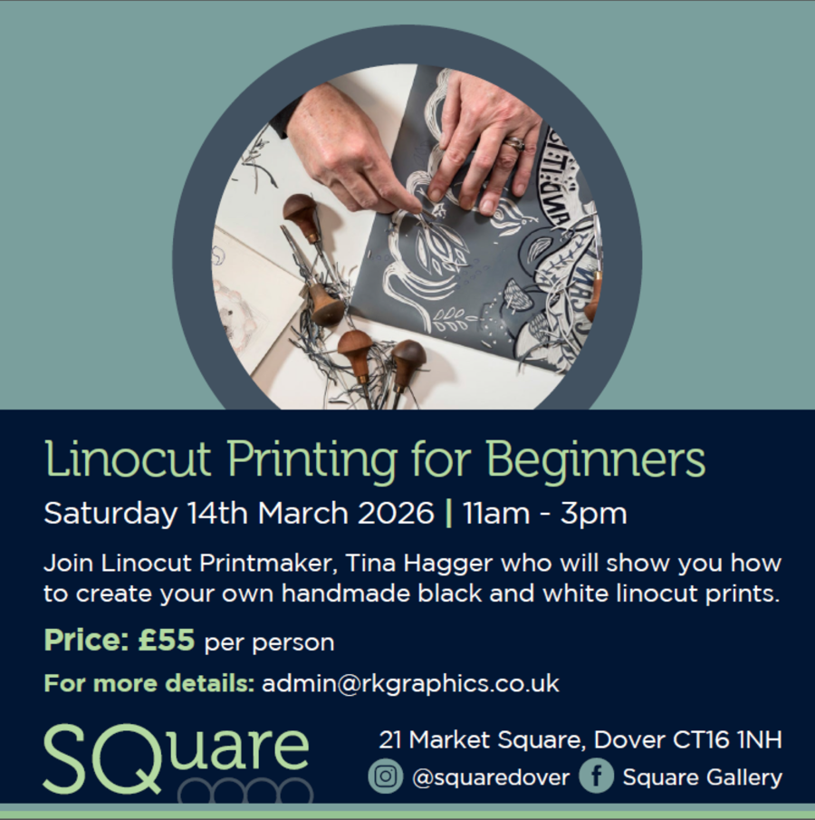 2 hands cutting out shapes from lino, advertising a workshop at SQ on 14th March 2026
