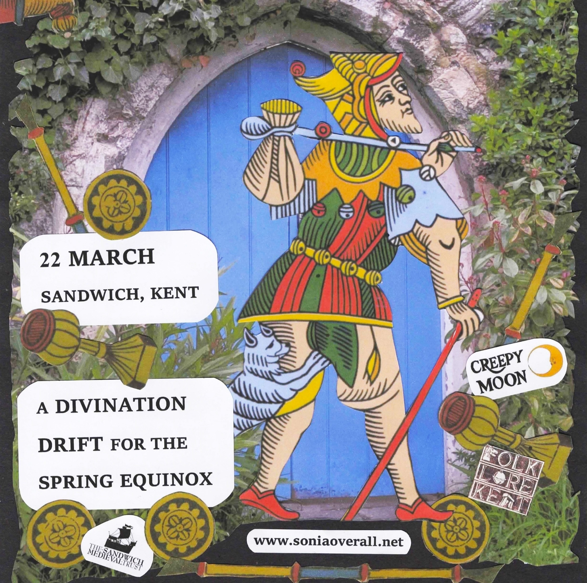 Drawing of a mediaeval jester walking past a blue church shaped door followed by a dog like creature