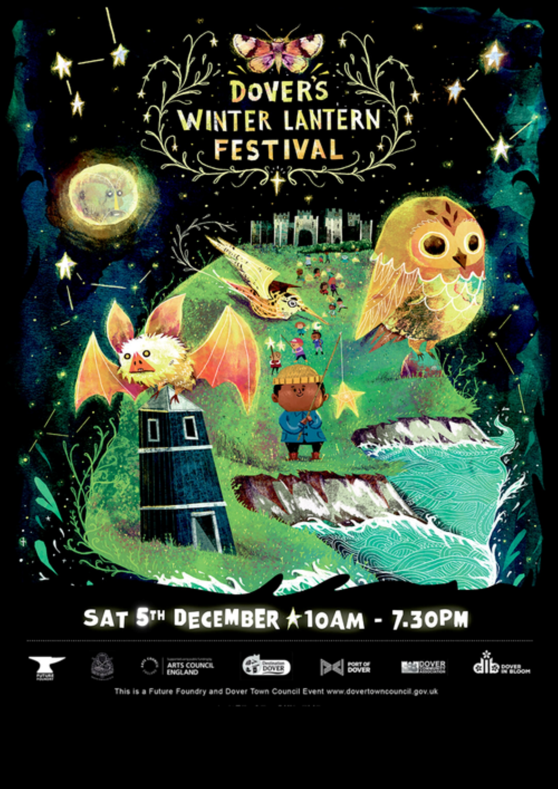 Poster drawing of a castle on a hill, a bat, an owl abd a boy holding a star lantern