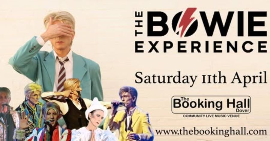 A man dressed to look like David Bowie in various outfits to represent Bowie's different acts.