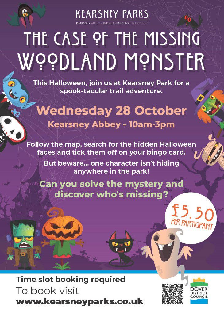Spooky figures of vampires, witches, skeleton, pumpkin & bats on a poster for Kearsney Parks be a Halloween Detective.