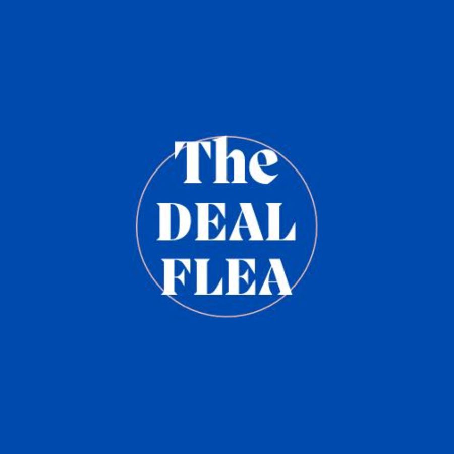Blue and white logo with the words The Deal Flea