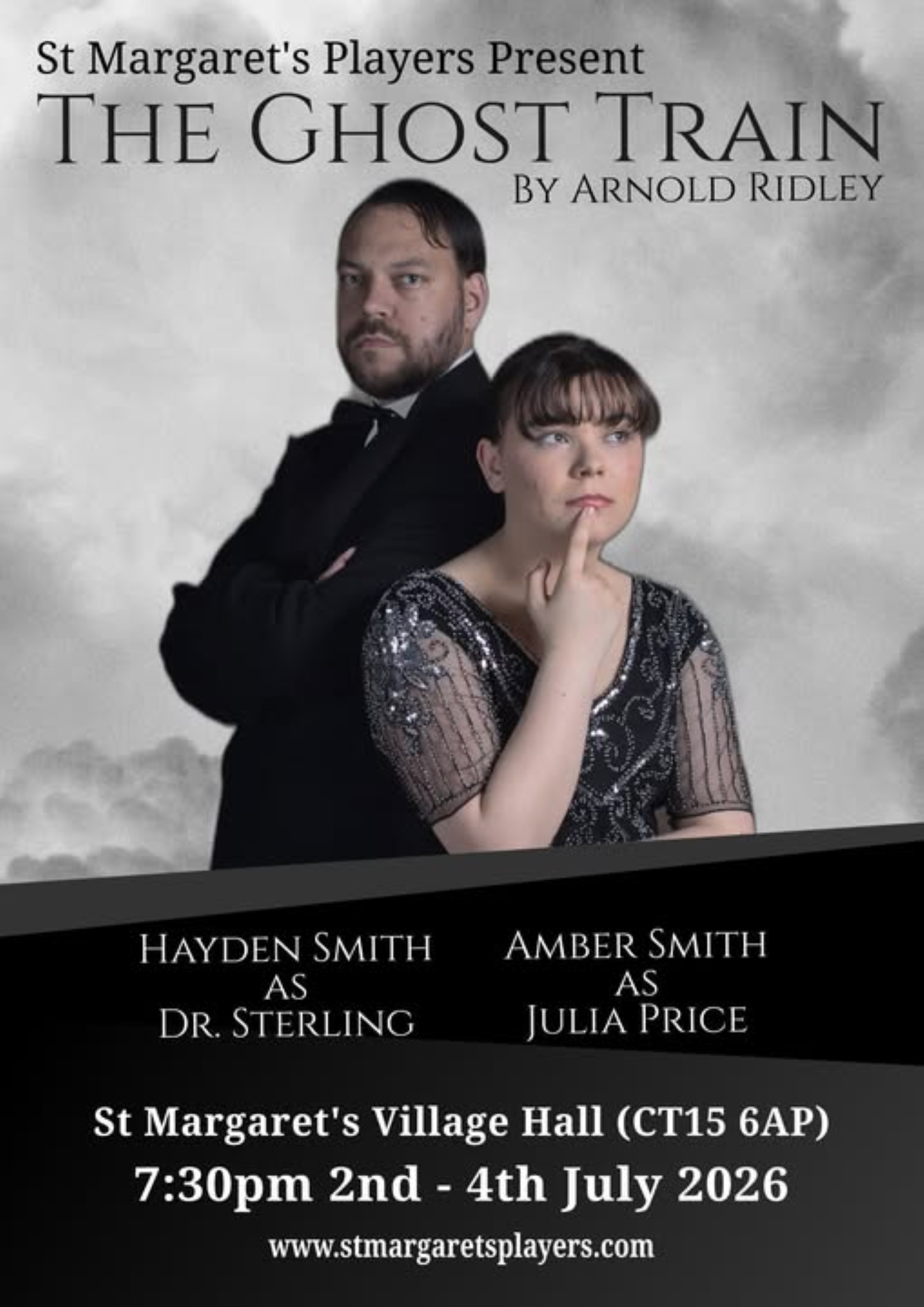 A man & a woman in Victorian clothes on a poster for the play The Ghost Train