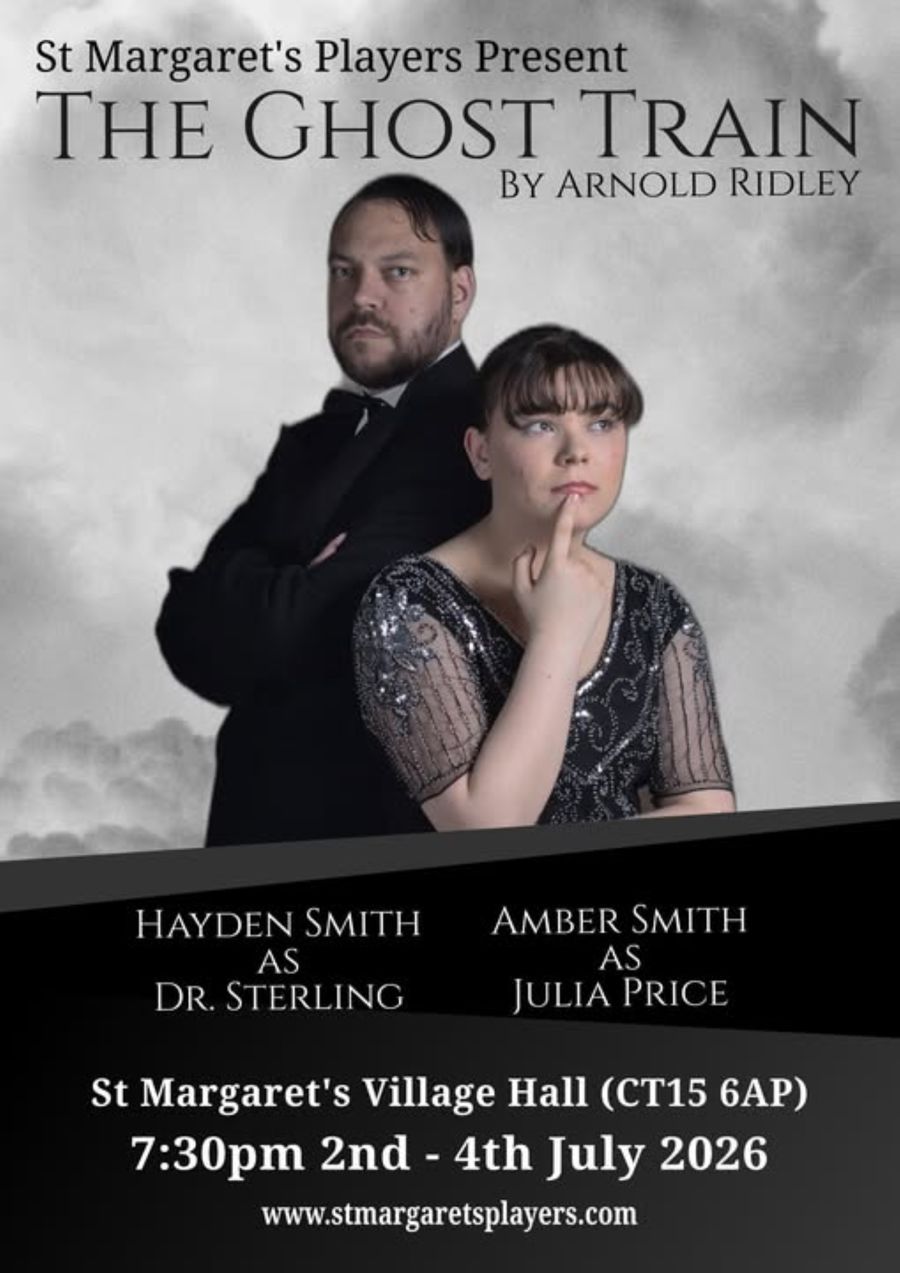 A man & a woman in Victorian clothes on a poster for the play The Ghost Train