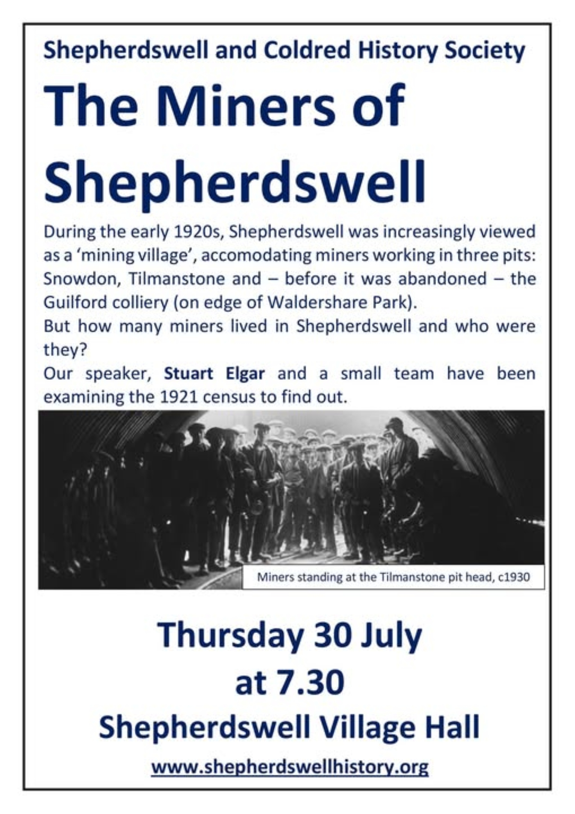 Advertising poster featuring a black and white image of miners