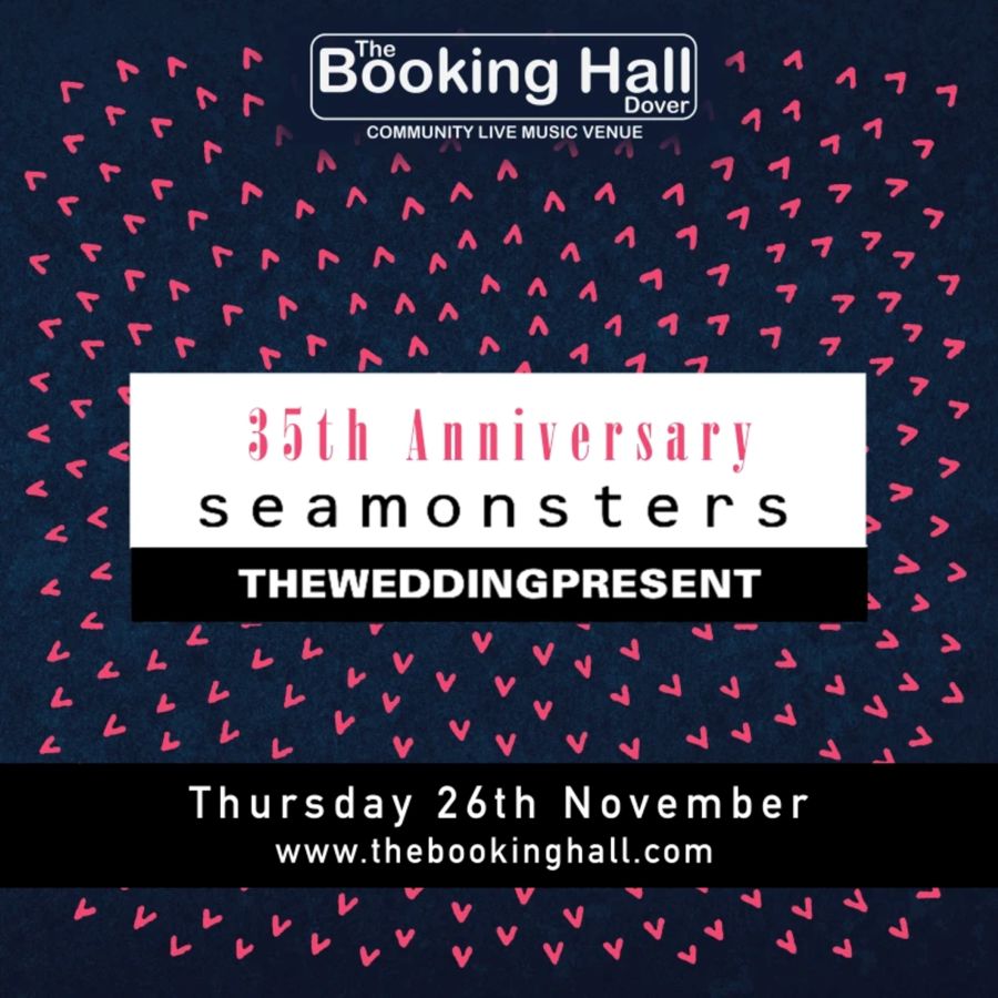Dark blue background with red V's on & the words 35th Anniversary, Seamonsters ,The Wedding Present