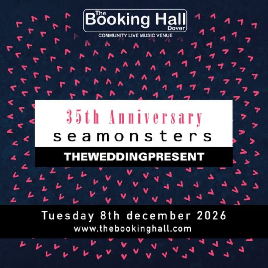 Dark blue background with red V's on & the words 35th Anniversary, Seamonsters ,The Wedding Present