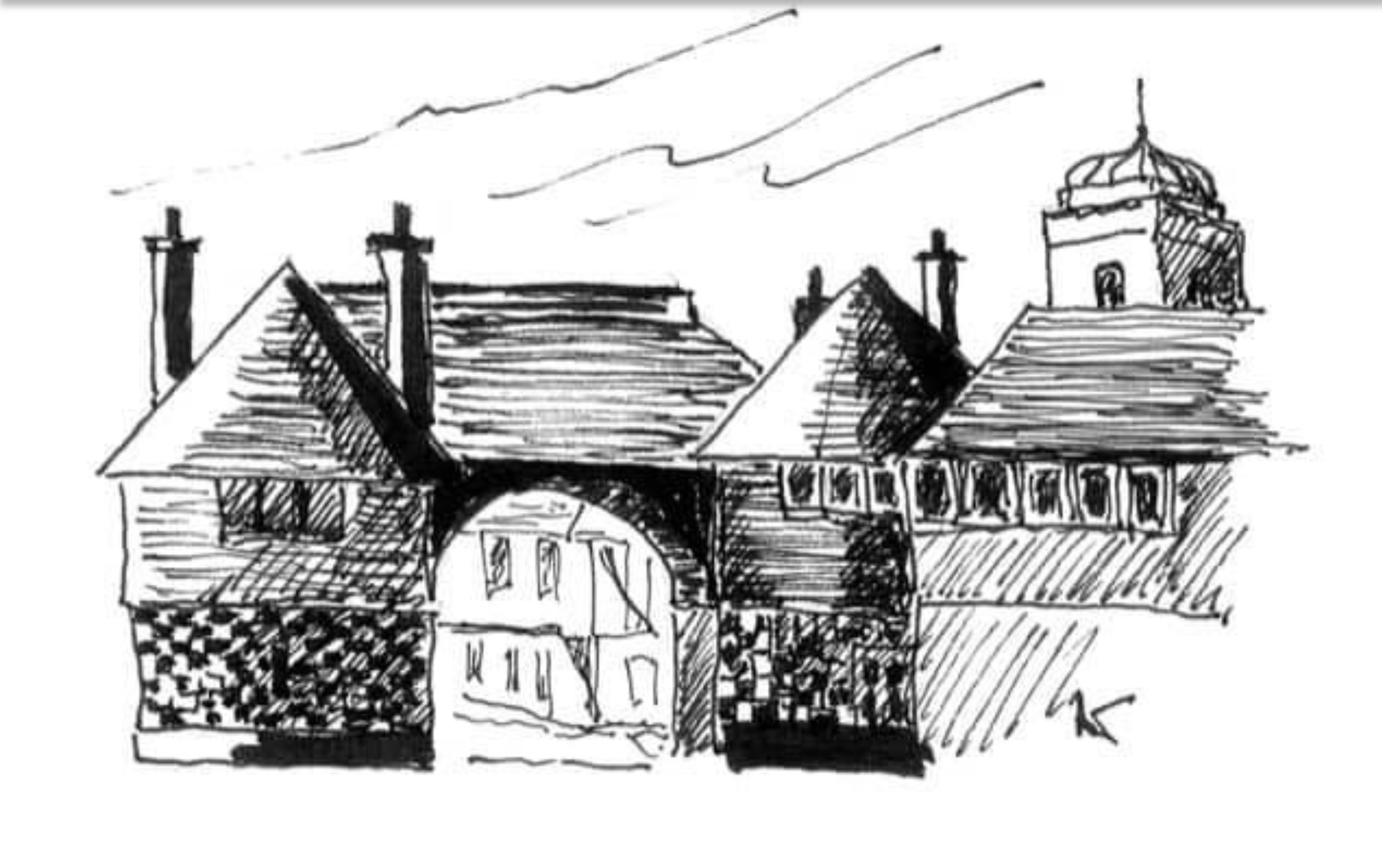 Pen and ink drawing of the Toll Bridge House, Sandwich