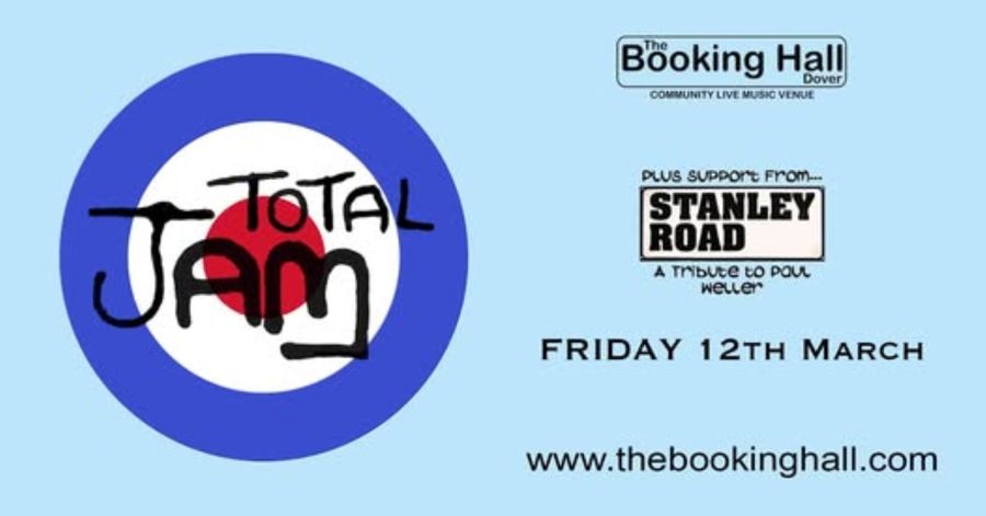 Large blue circle with a smaller red circle inside with black graffiti words Total Jam Fri 12th March 2027