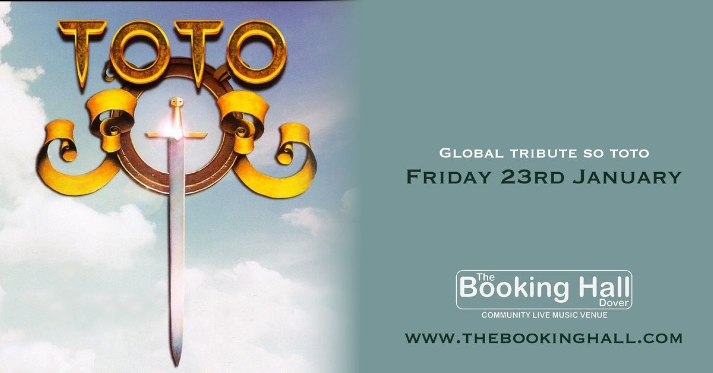 A sword inside a round circle with gold scrolls either side & the word TOTO