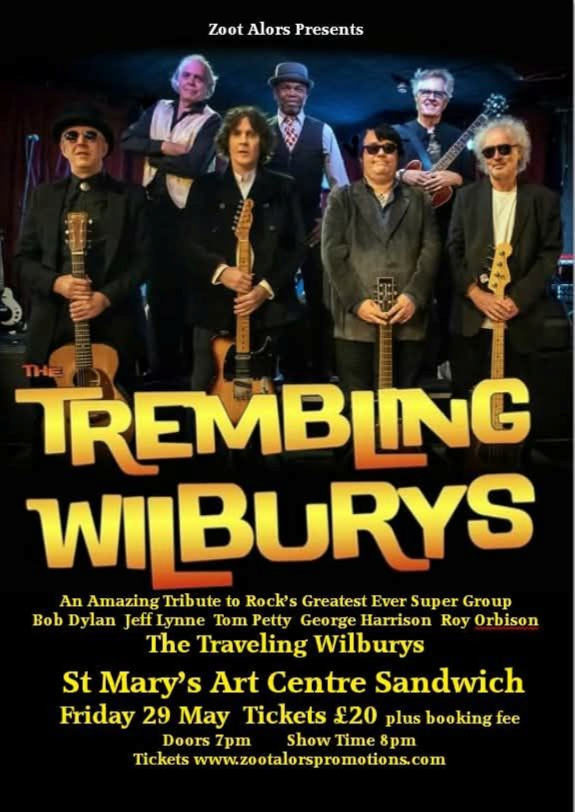 7 male musicians Representing The Traveling Wilburys, Bob Dylan, Jeff Lynne, George Harrison, Tom Petty & Roy Orbison. 