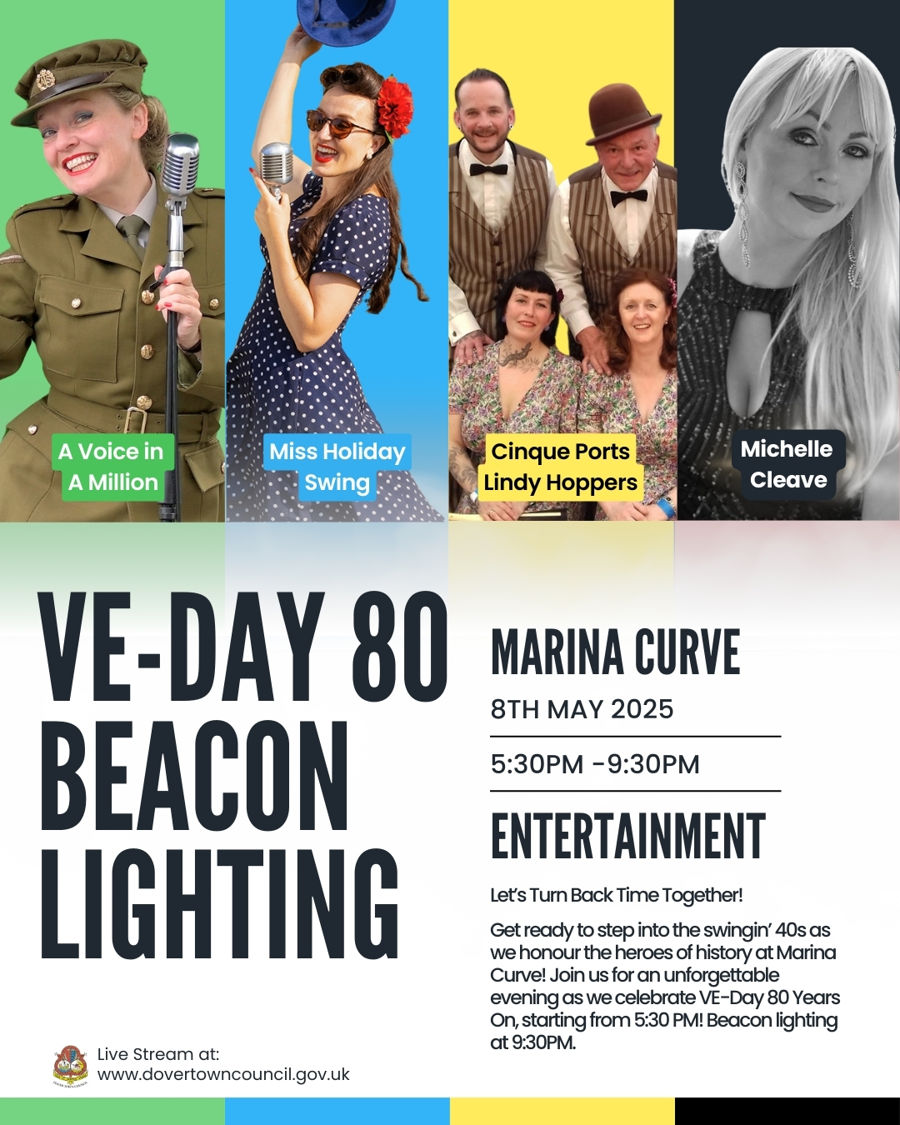 Colourful event poster for VE Day 80 beacon lighting in Dover