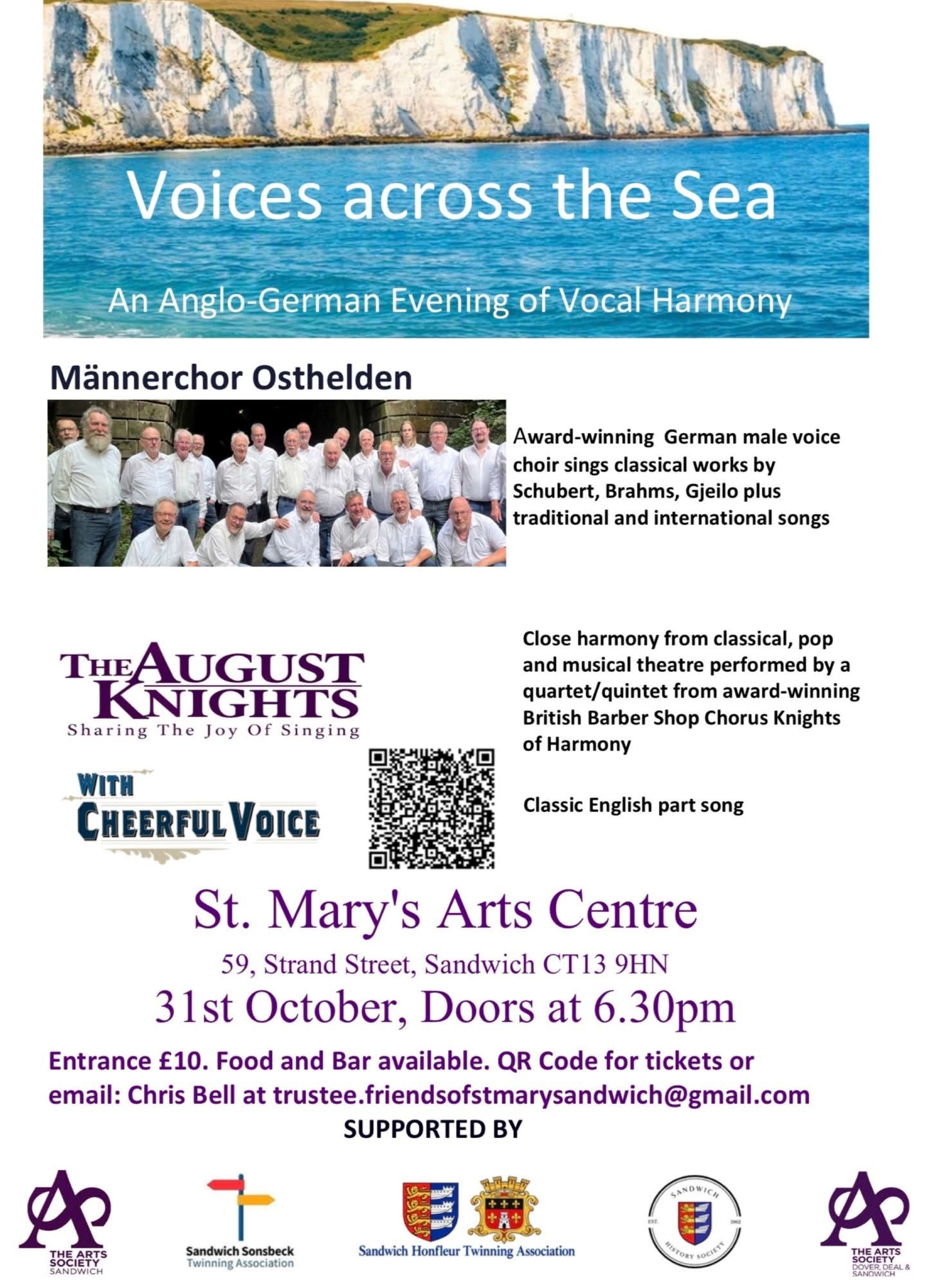 White cliffs with blue sea & below a row of men in White Shirts, Voices across the Sea