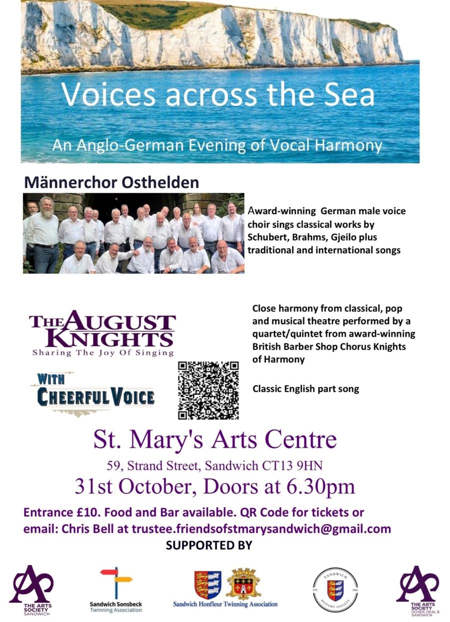 White cliffs with blue sea & below a row of men in White Shirts, Voices across the Sea