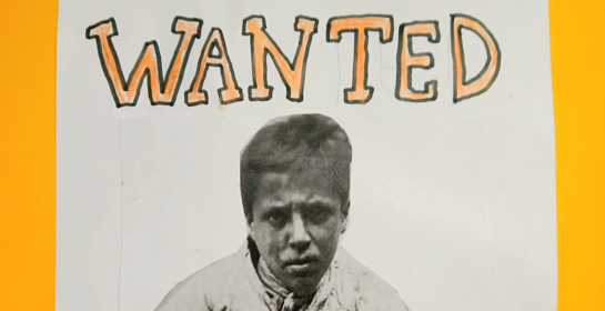 Example of the wanted posters that are being made at the event. A black and white photo of a person under 'WANTED' text