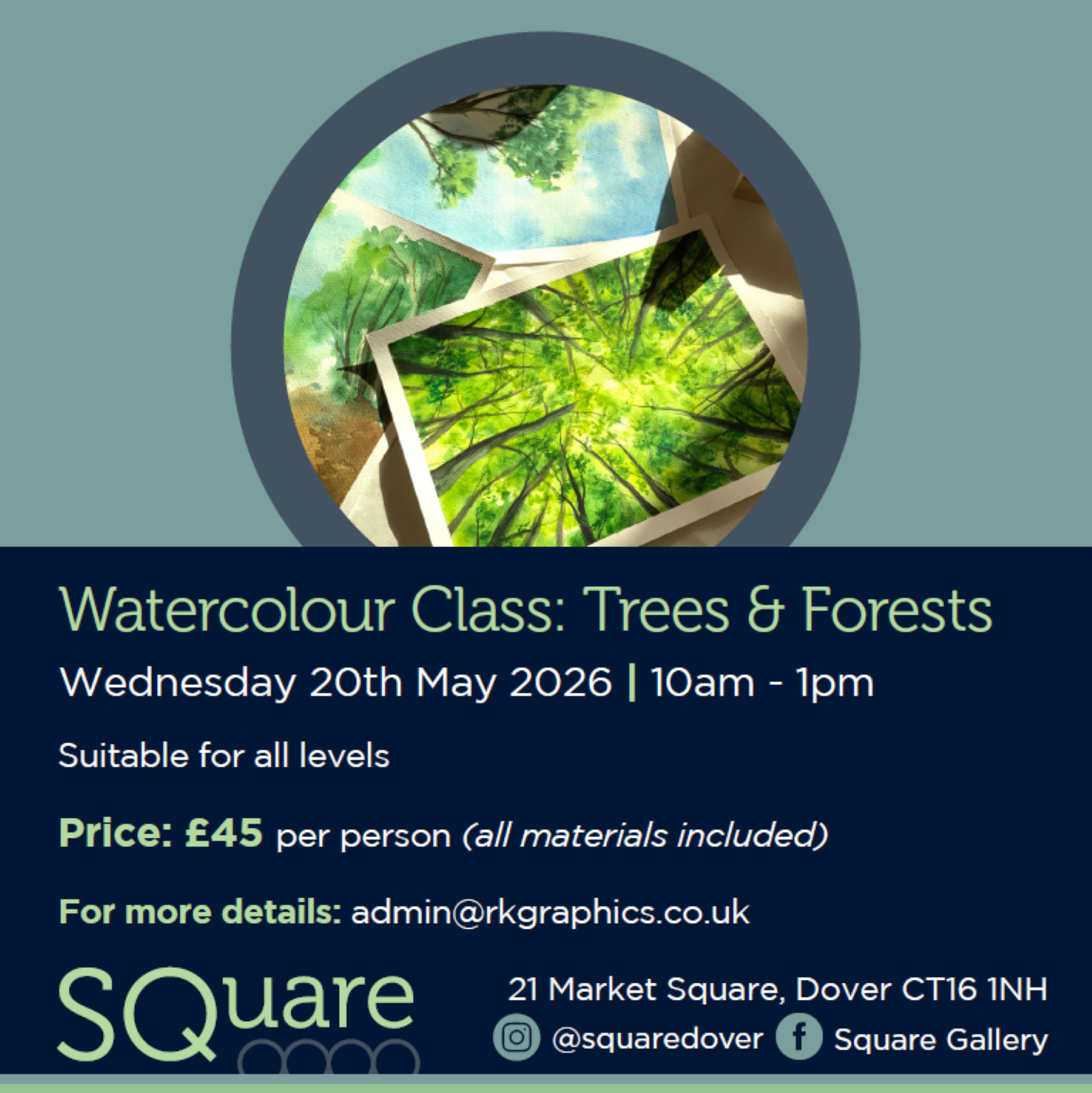 Watercolour paintings of trees inside a circle.