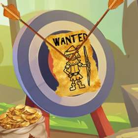 Archery target with wanted poster of robin hood and bag of gold coins