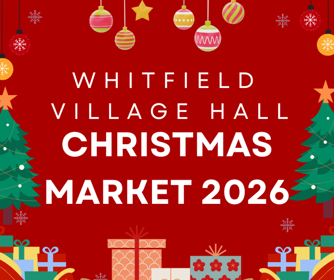 Whitfield Village Hall Christmas Market 2026 Red Background with White text